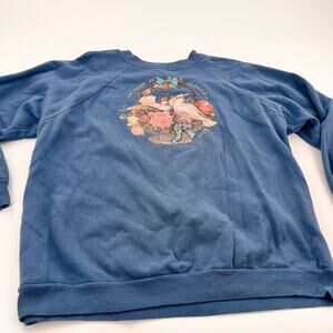 vintage women's raglan embellished sweater doves floral graphic dusty blue XL
